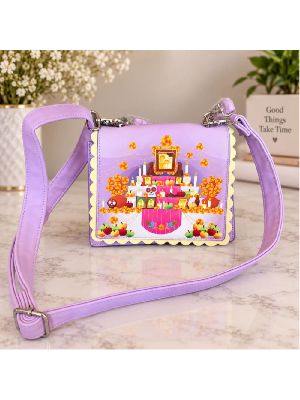 Loungefly Disney Pixar Coco Ofrenda Crossbody Bag, Purple/Yellow